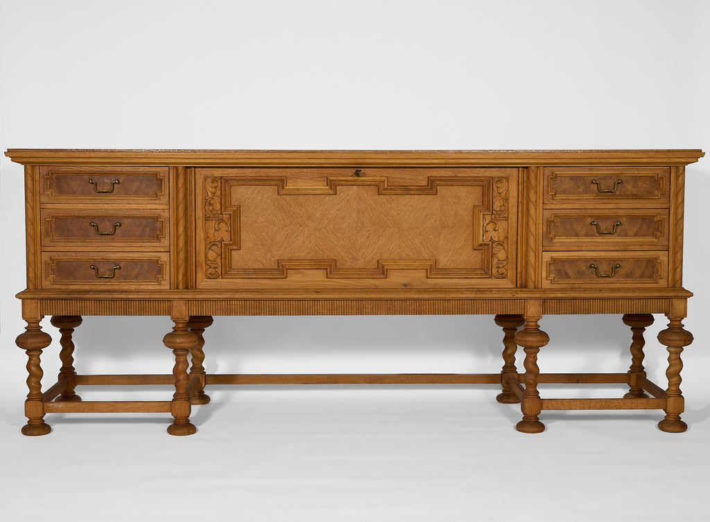 Vintage Oak Sideboard with Carved Panel and Turned Legs