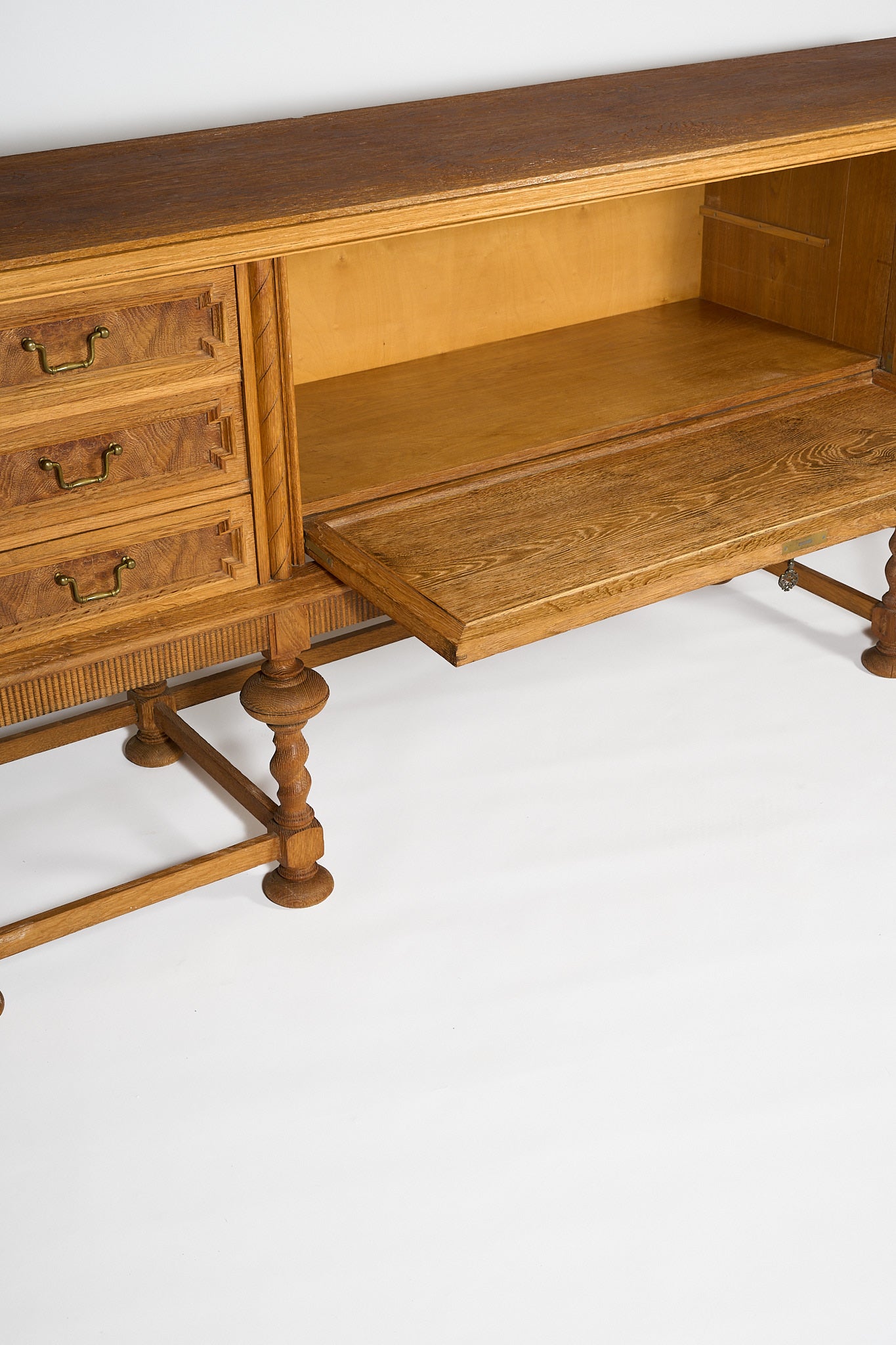 Vintage Oak Sideboard with Carved Panel and Turned Legs