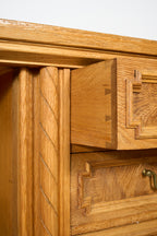 Vintage Oak Sideboard with Carved Panel and Turned Legs