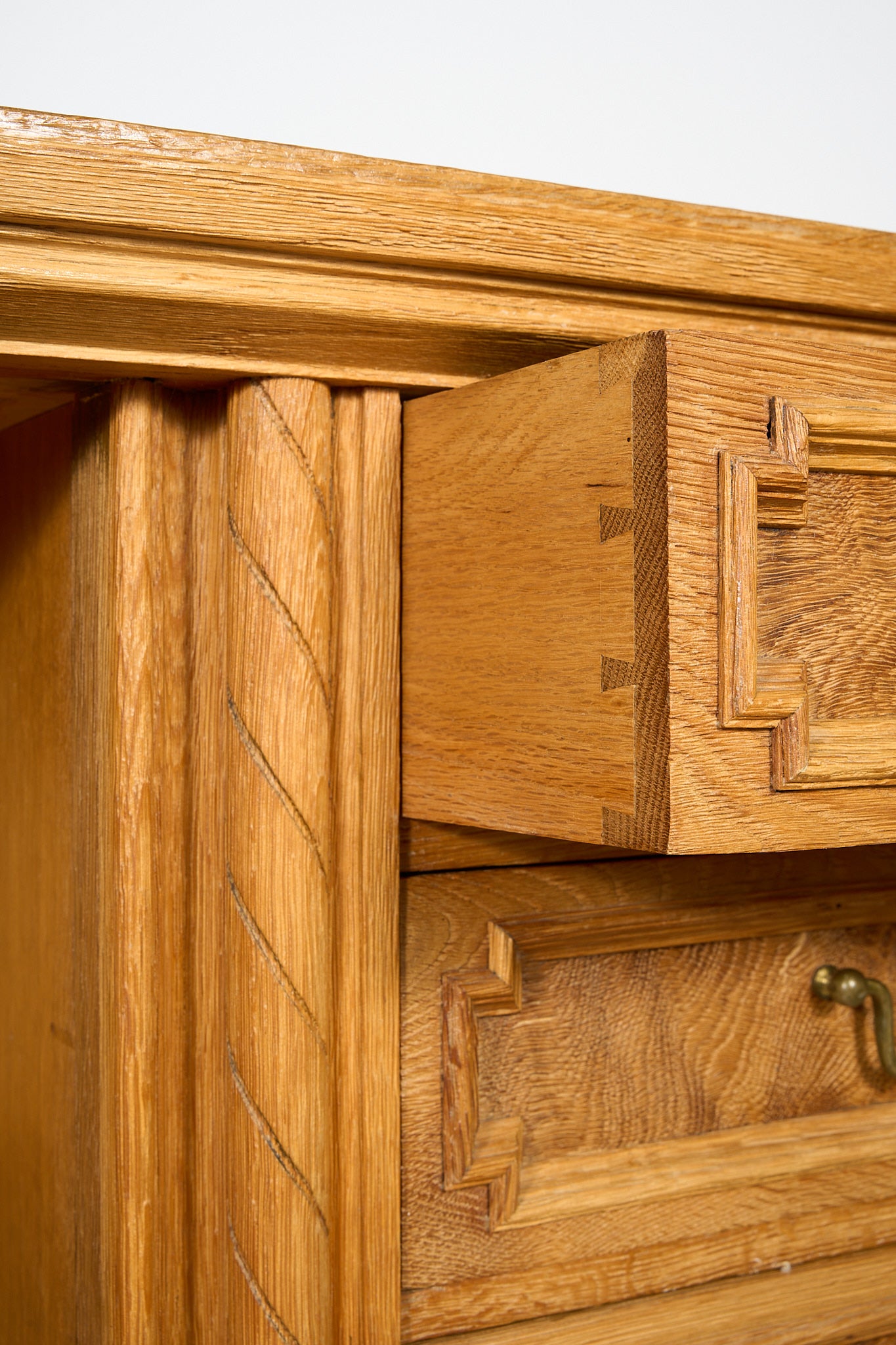 Vintage Oak Sideboard with Carved Panel and Turned Legs