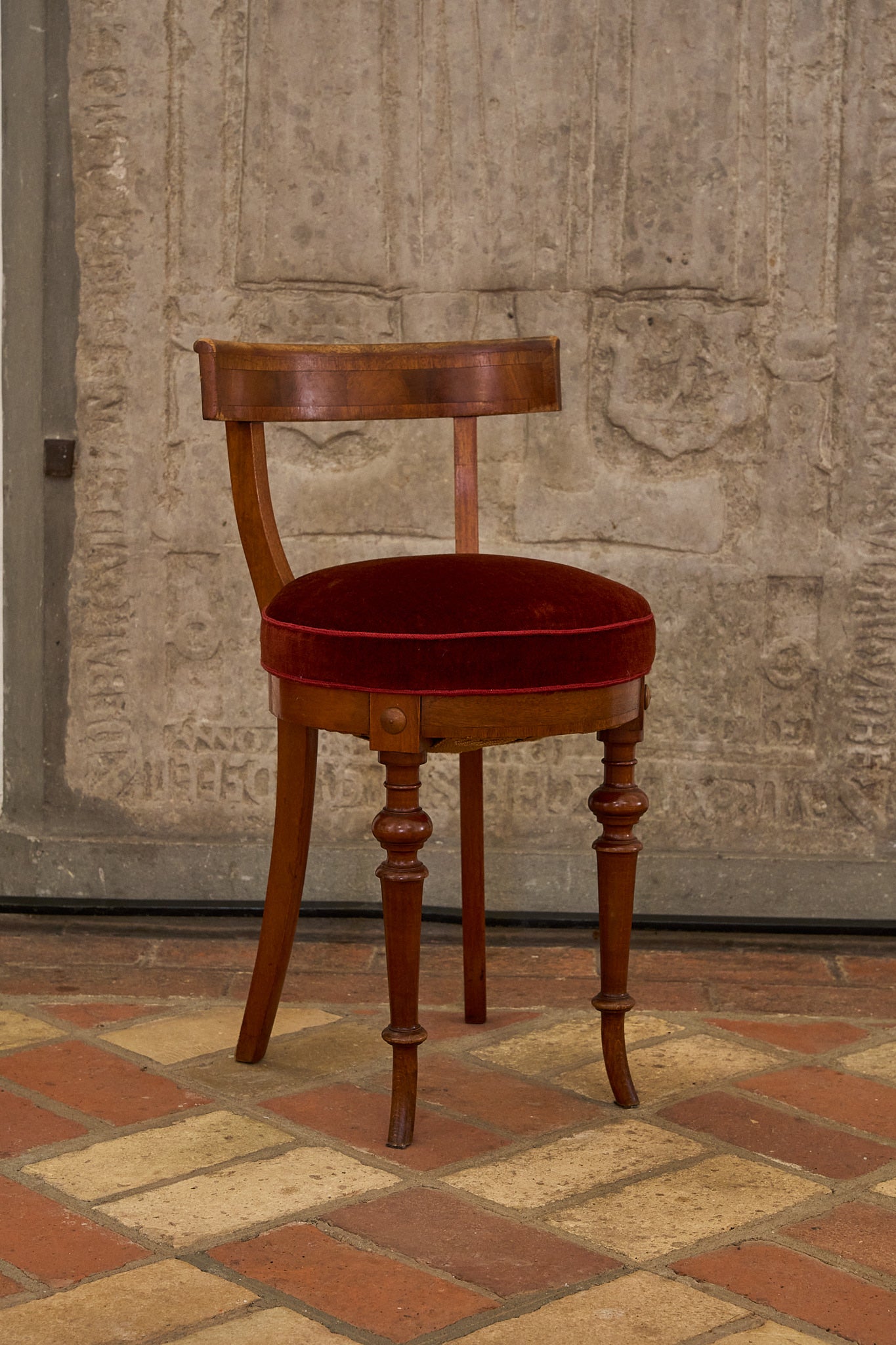 Early 20th Century Curved Back Chair in Walnut with Red Velvet Seat