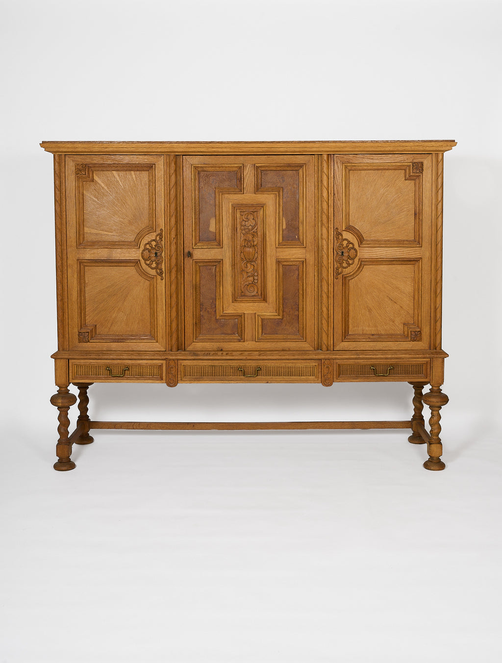 Oak Sideboard with Carved Panels and Turned Legs