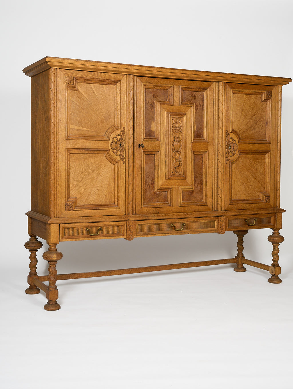 Oak Sideboard with Carved Panels and Turned Legs