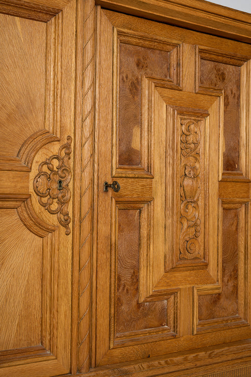 Oak Sideboard with Carved Panels and Turned Legs