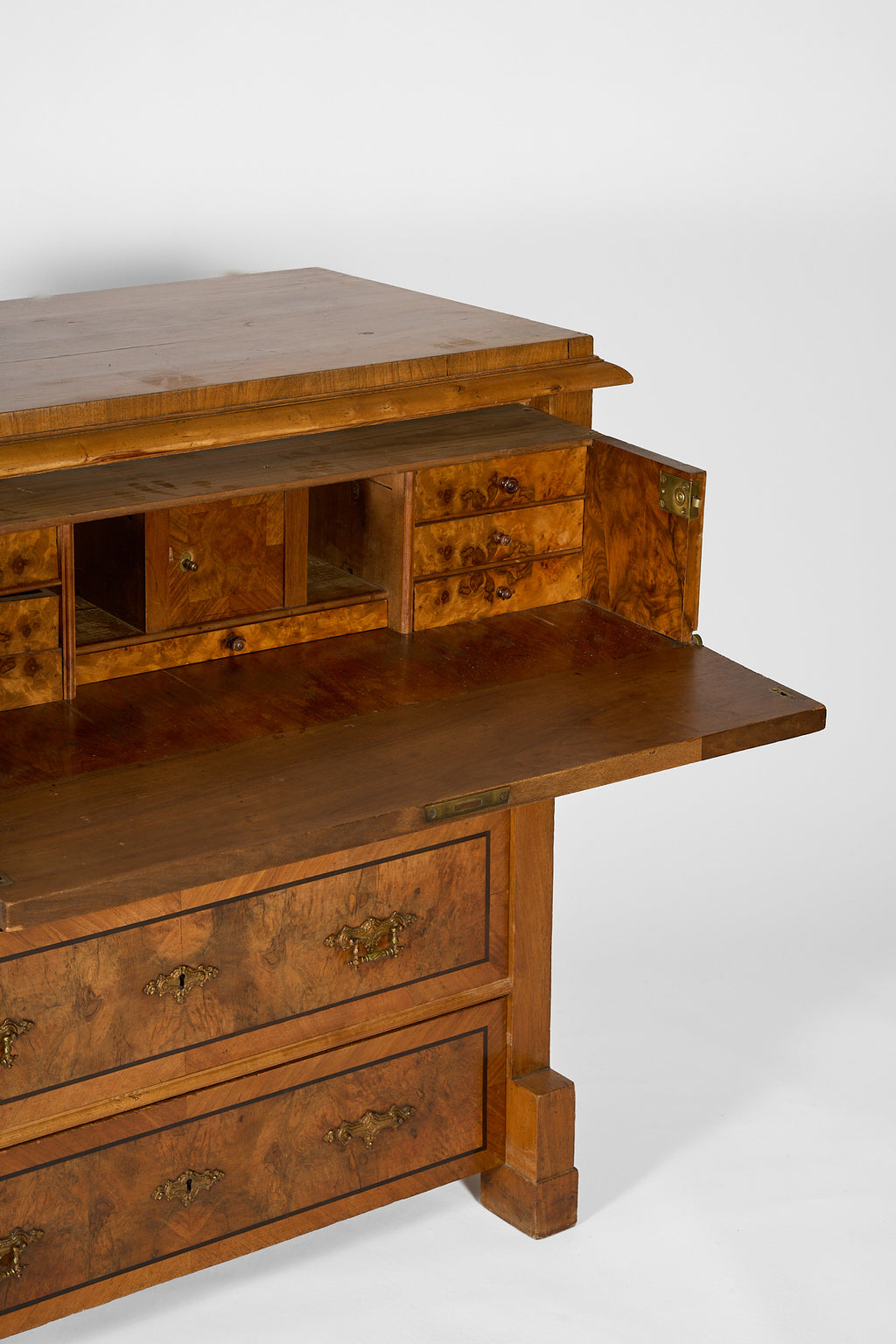 Vintage Burr Wood Chest of Drawers with Brass Handles