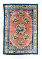 Oriental Rug with Guardian Motifs and Blue Border