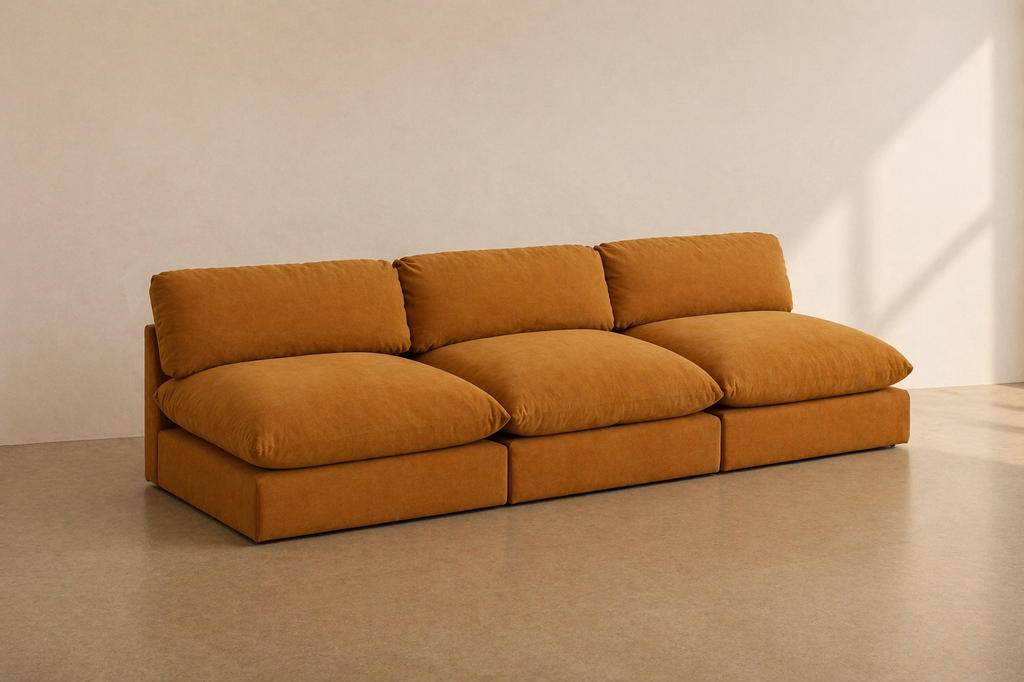 Contemporary Modular Sofa in Camel woven cotton Upholstery