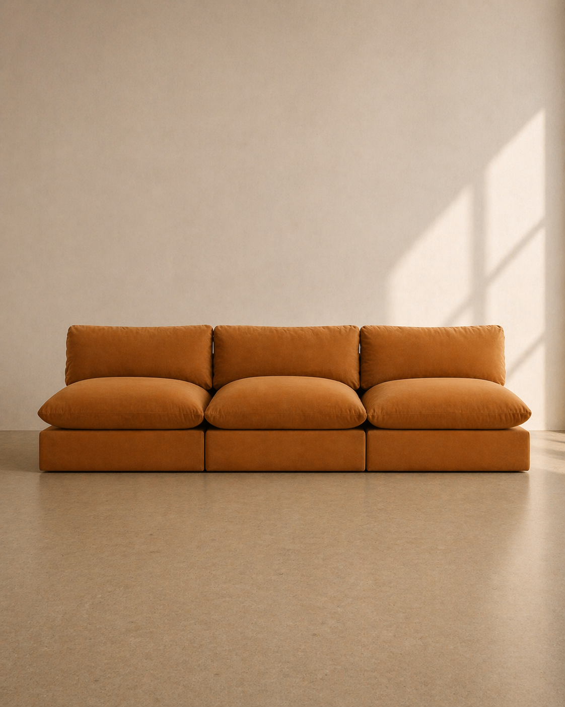 Contemporary Modular Sofa in Camel woven cotton Upholstery