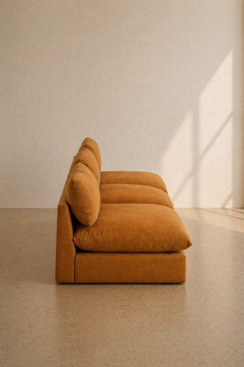 Contemporary Modular Sofa in Camel woven cotton Upholstery