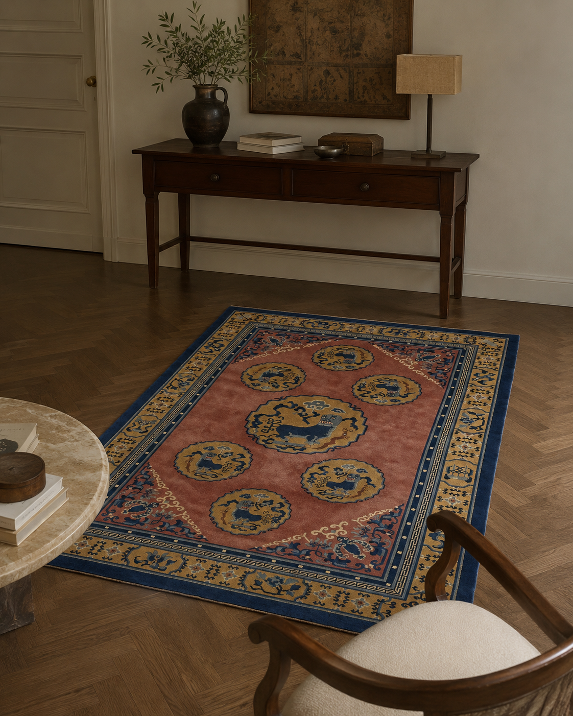 Oriental Rug with Guardian Motifs and Blue Border